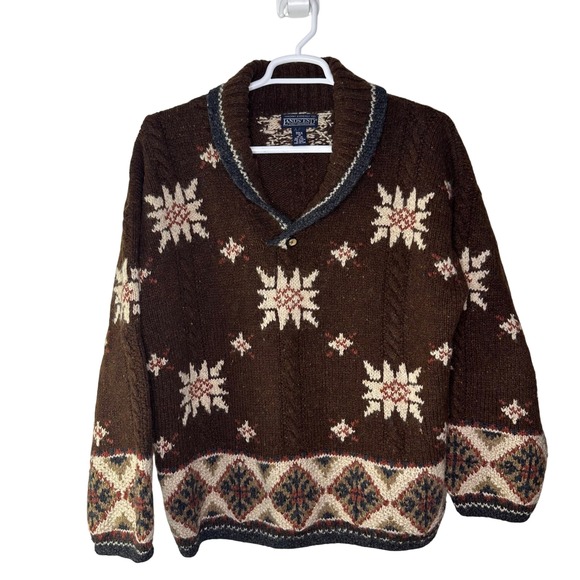 VTG‎ Lands End Sweater Men Medium Wool Hand Knit Fair Isle Snowflake Shawl Brown
